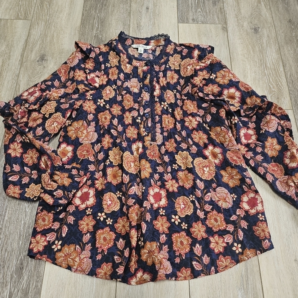 The Pioneer Woman Pintuck Floral Ruffle Long Sleeve Blouse Woman's Small Casual - Picture 2 of 11